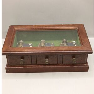 Vintage Rare Linden Japan Triple Music Box 3 Songs with Glass Lid Wood Case